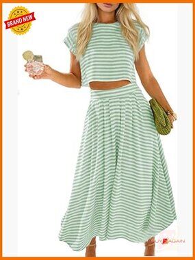 Striped 2 Piece Skirt Set Cap Sleeve Crop Top Midi Skirt Lounge Travel Outfit